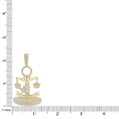 24+ Grams Real Sterling Silver 2.00 Ct. Simulated Diamond 14K Solid Gold On Unisex Libra Scale Zodiac Sign Charm Lucky Custom Pendant 2.25''