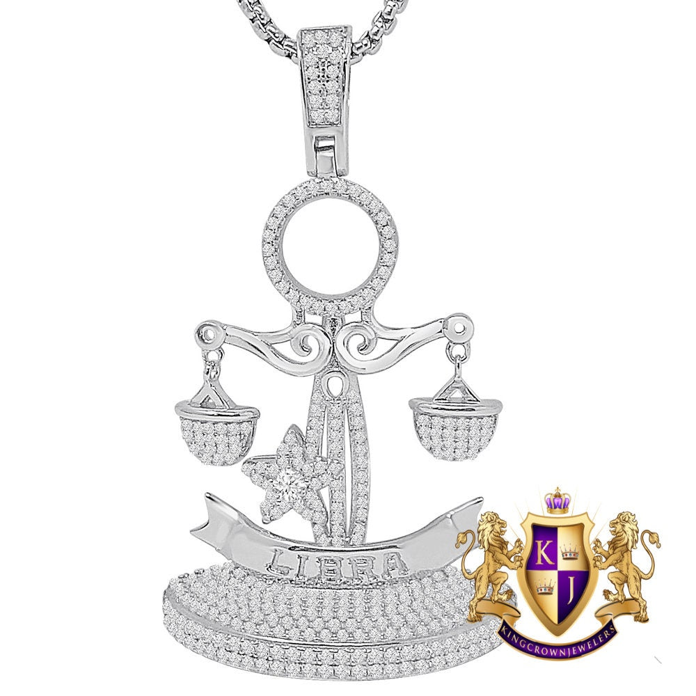 24+ Grams Real Sterling Silver 2.00 Ct. Simulated Diamond 14K Solid Gold On Unisex Libra Scale Zodiac Sign Charm Lucky Custom Pendant 2.25''