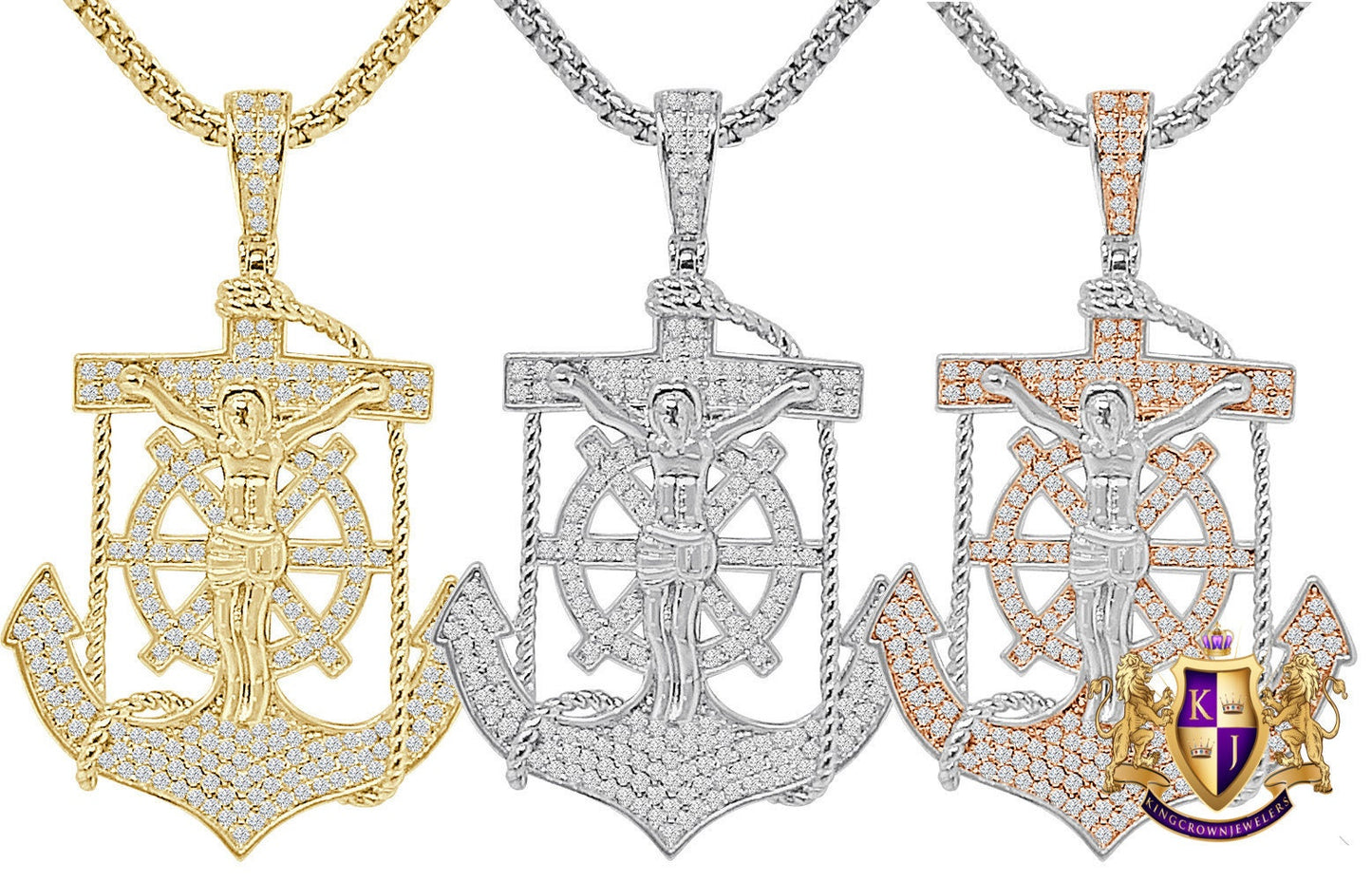 Real Authentic Sterling Silver Simulated Diamond 14K Gold Over Jesus Christ Cross Crucifix Anchor Unisex Religious Charm Pendent 1.80''