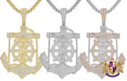 Real Authentic Sterling Silver Simulated Diamond 14K Gold Over Jesus Christ Cross Crucifix Anchor Unisex Religious Charm Pendent 1.80''