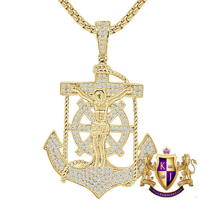 Real Authentic Sterling Silver Simulated Diamond 14K Gold Over Jesus Christ Cross Crucifix Anchor Unisex Religious Charm Pendent 1.80''
