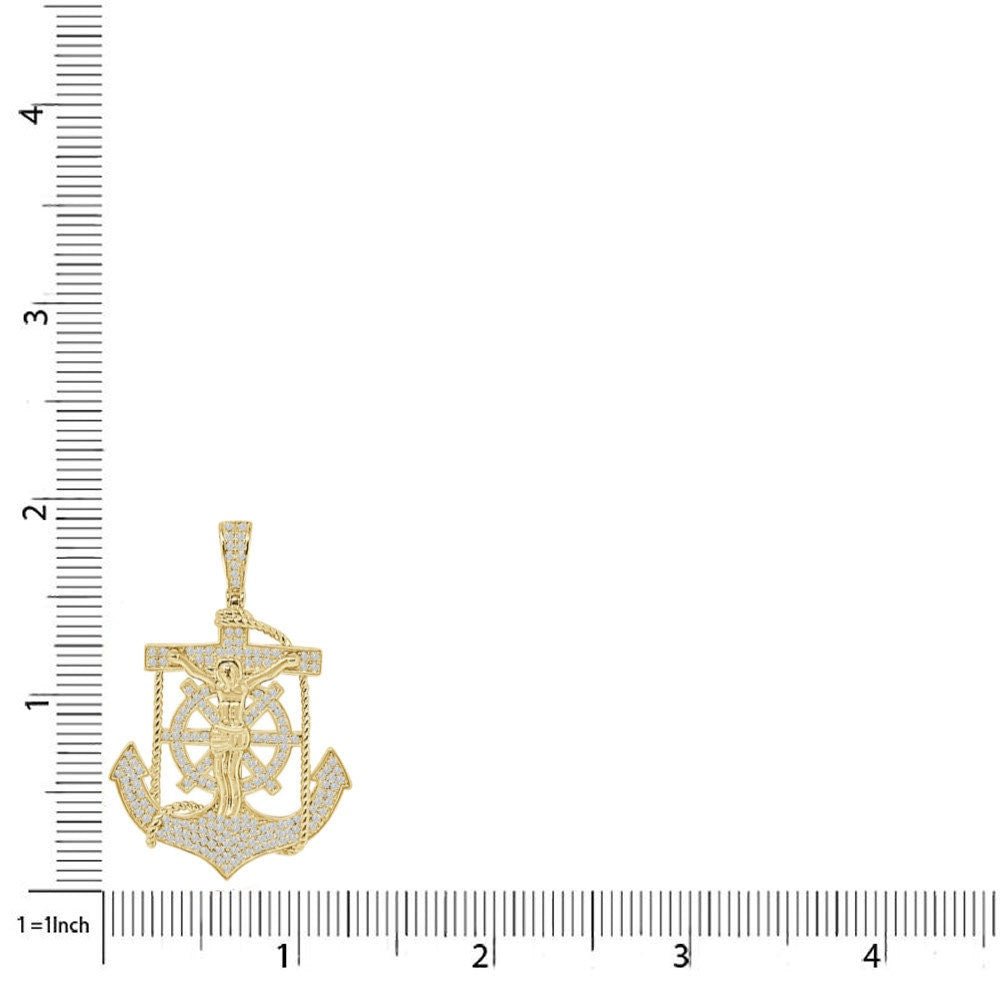 Real Authentic Sterling Silver Simulated Diamond 14K Gold Over Jesus Christ Cross Crucifix Anchor Unisex Religious Charm Pendent 1.80''