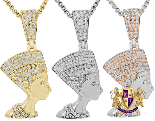 Real Genuine Sterling Sliver Egyptian Queen Nefertiti Pharaoh Simulated Diamond 14K Gold Over Unisex Pendent Mummy Charm Small 1.80''