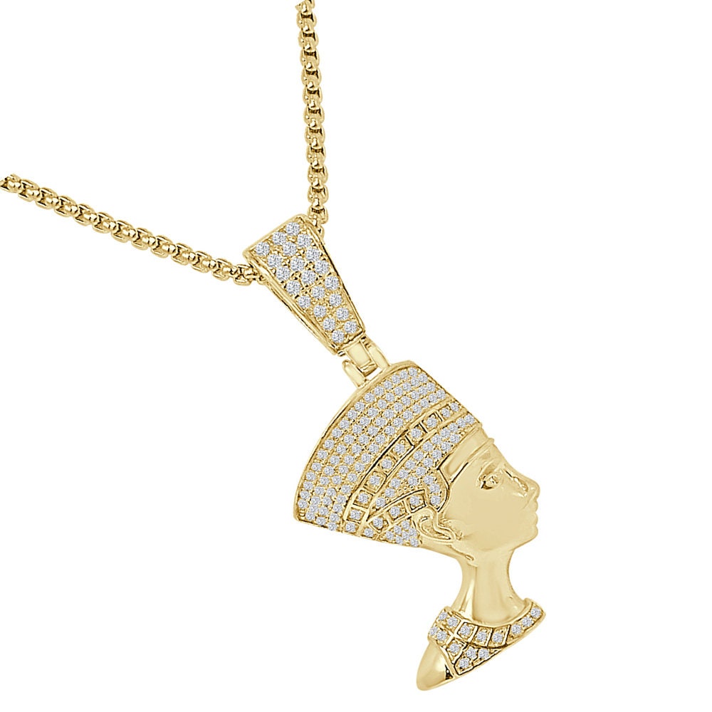 Real Genuine Sterling Sliver Egyptian Queen Nefertiti Pharaoh Simulated Diamond 14K Gold Over Unisex Pendent Mummy Charm Small 1.80''
