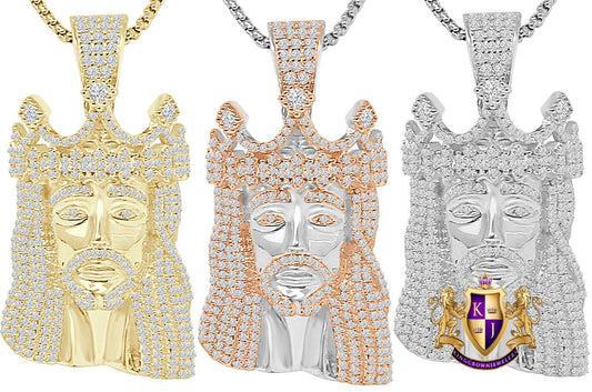 36 + Grams Big 2.25'' Authentic Italian Sterling Silver 14K Gold Over Simulated Diamond Holy Jesus Face Crown Piece Charm Religious Pendent