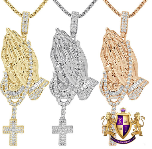 28+ Grams Baguette Genuine Sterling Sliver Simulated Diamond 14K Gold Over Praying Hands With Rosary Cross Pendent Charm Big 3.25''