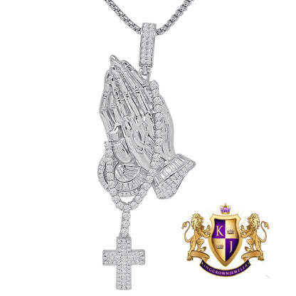 28+ Grams Baguette Genuine Sterling Sliver Simulated Diamond 14K Gold Over Praying Hands With Rosary Cross Pendent Charm Big 3.25''