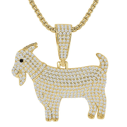 Real Sterling Silver 2.00 Ct Simulated Diamond GOAT Greatest Of All Time 14K Gold Over Charm Pendant +Free Chain