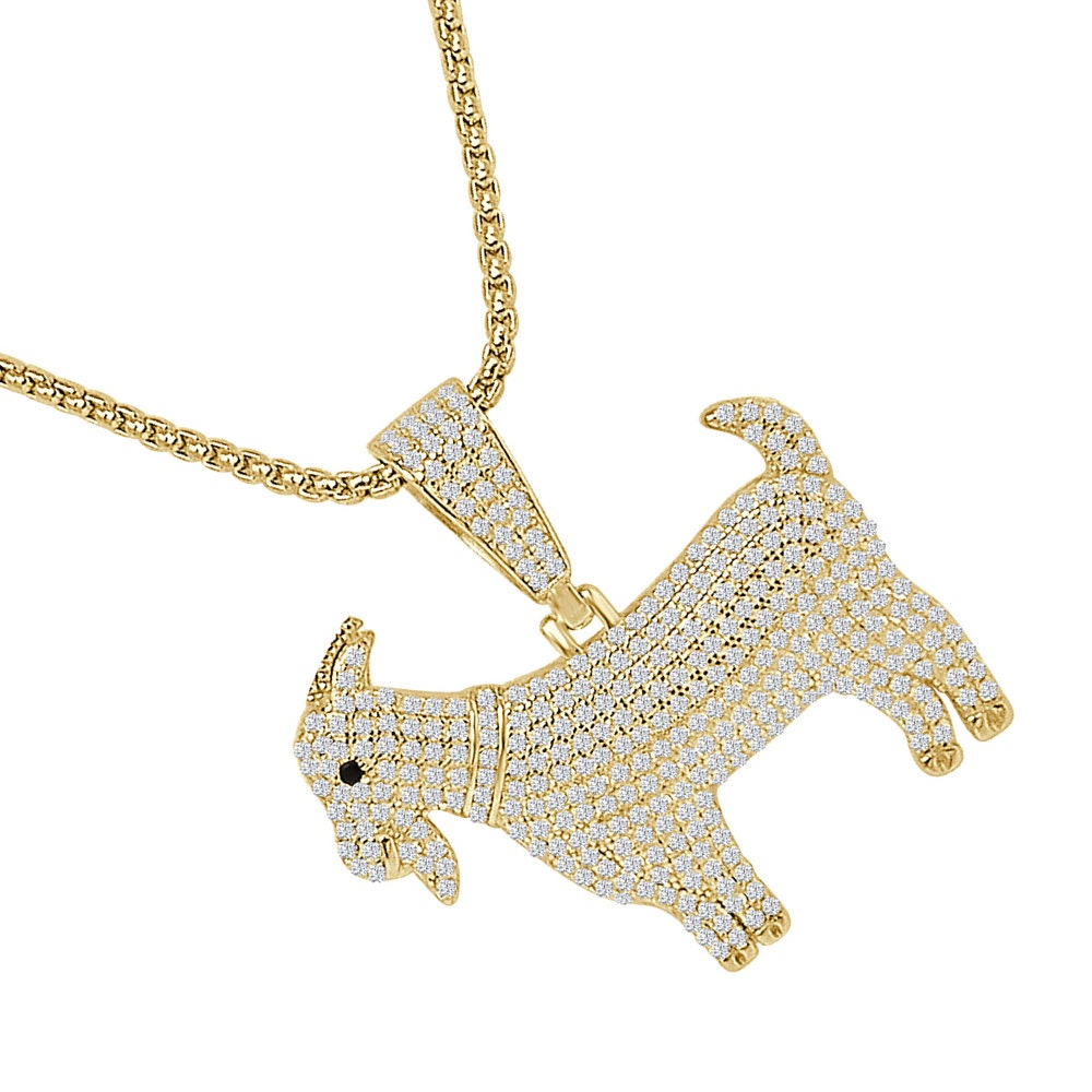 Real Sterling Silver 2.00 Ct Simulated Diamond GOAT Greatest Of All Time 14K Gold Over Charm Pendant +Free Chain