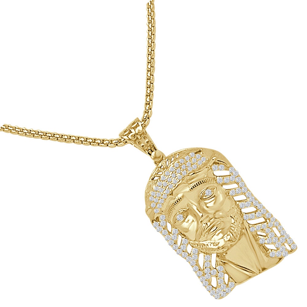 Genuine Authentic Italian Sterling Silver 14K Gold Over Simulated Diamond Holy Jesus Face Piece Charm Religious Pendent 2''