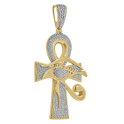 Men's Genuine Real Diamond Egyptian Evil Eye Ankh Cross Charm Chain Set 10K Gold Over Pendant 2''