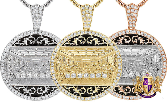28 + Grams Italian Sterling Silver Simulated Diamond Last Supper Jesus Gospel Apostles Round Charm 10K Gold Over Pendant 2'' Medallion