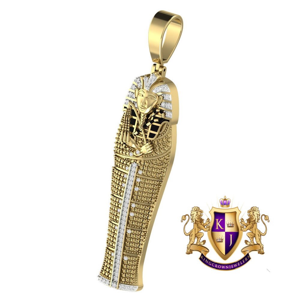 Big 3'' Real Genuine Authntic Diamond 0.50 Cwt. Egyptian King Tut Pharaoh Mummy Charm 10K Gold Over Exclusive Custom Pendent
