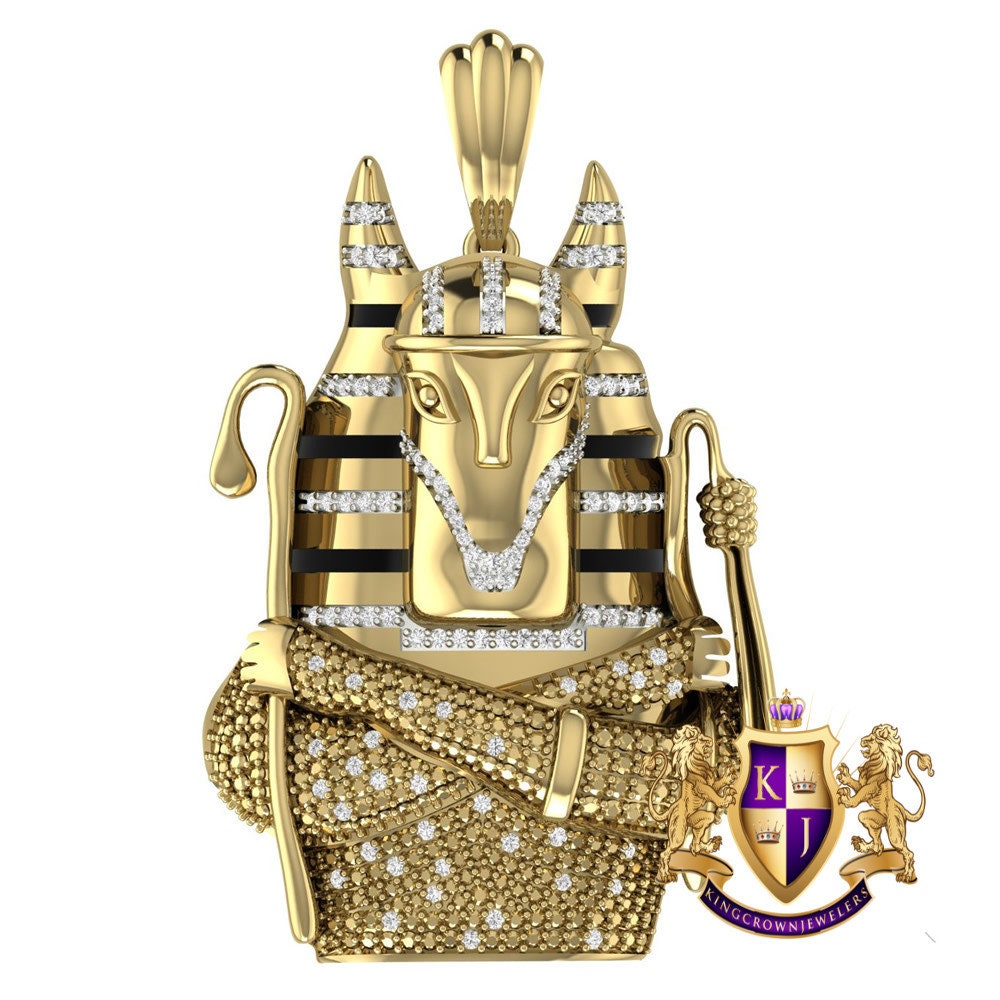 41+ Grams Real Genuine Natural Diamond Egyptian God Of Death Anubis Pharaoh Mummy Charm 10K Gold Over Mens Exclusive Custom Pendent Xl 2.5''