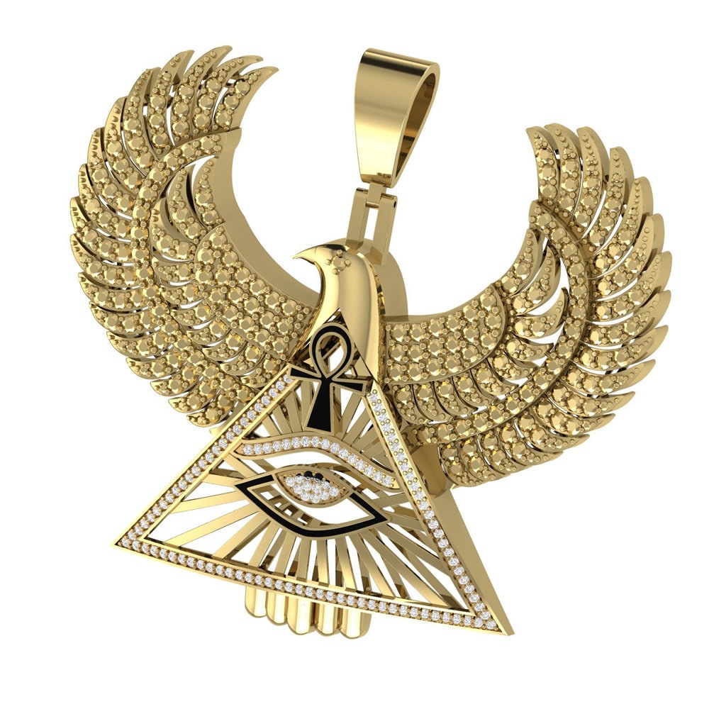 41 + Grams Genuine Real Diamond Ancient Egyptian God of Justice Horus Falcon Eagle Ankh Cross Pharaoh Men's Custom Pendent Charm Big XL 3''