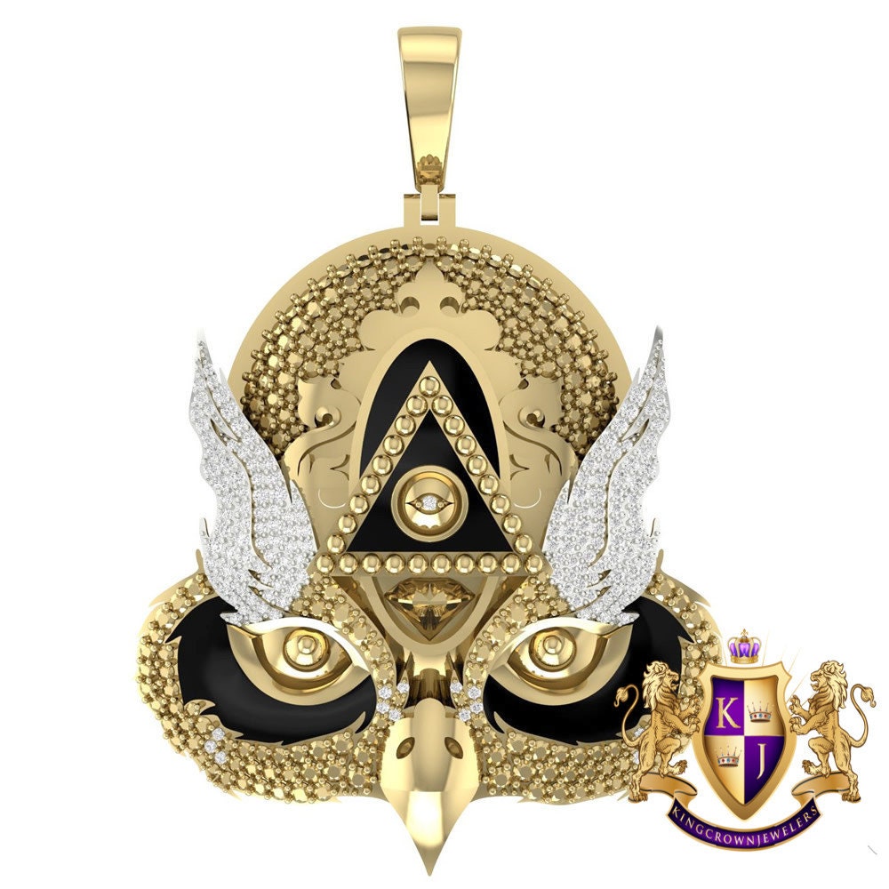 36 + Grams Real Genuine Diamond Eye Providence Owl Illuminati Freemasonry Masons Masonic Charm 10K Gold Over Men's Custom Pendent XL Big 3''