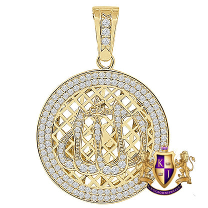 26+ Grams Real Sterling Silver 14K Gold Over 2.00 Cwt Simulated Diamond Muslim Allah God Round Medallion Islamic Arabic Pendent Charm 2.50''