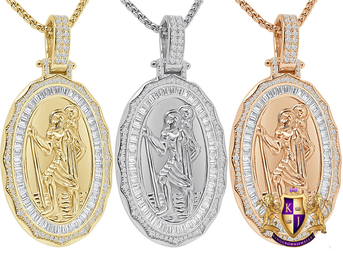 Baguette 23 + Grams Real Sterling Silver 14k Gold Over Simulated Diamond Saint Christopher Religious Charm Unisex Frame Pendant + Free Chain
