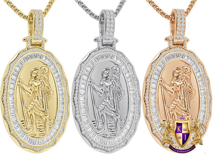 Baguette 23 + Grams Real Sterling Silver 14k Gold Over Simulated Diamond Saint Christopher Religious Charm Unisex Frame Pendant + Free Chain