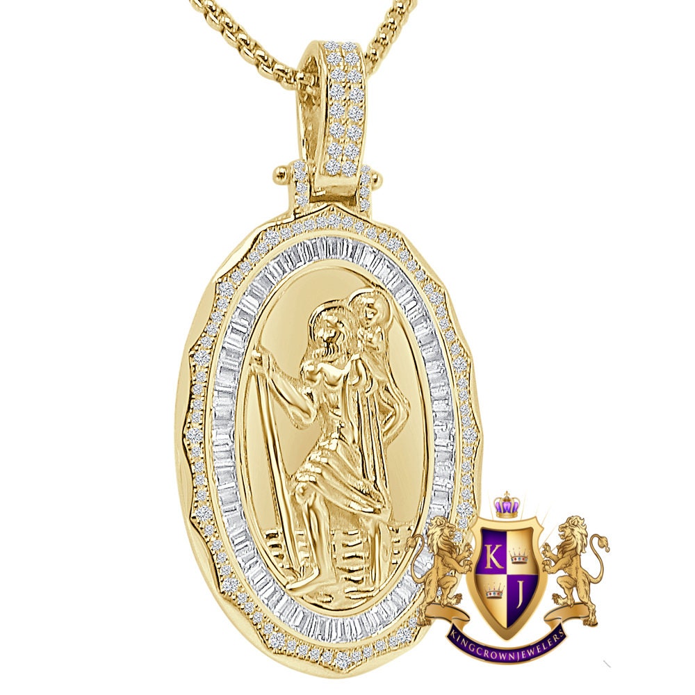 Baguette 23 + Grams Real Sterling Silver 14k Gold Over Simulated Diamond Saint Christopher Religious Charm Unisex Frame Pendant + Free Chain