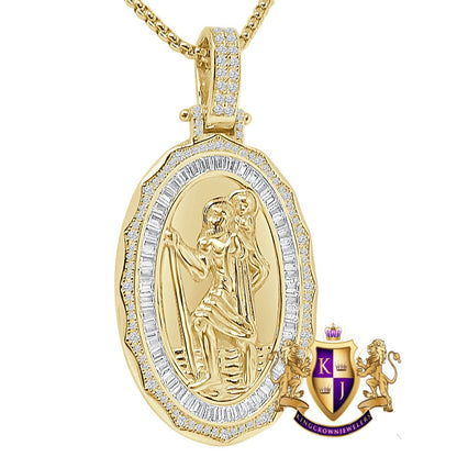 Baguette 23 + Grams Real Sterling Silver 14k Gold Over Simulated Diamond Saint Christopher Religious Charm Unisex Frame Pendant + Free Chain
