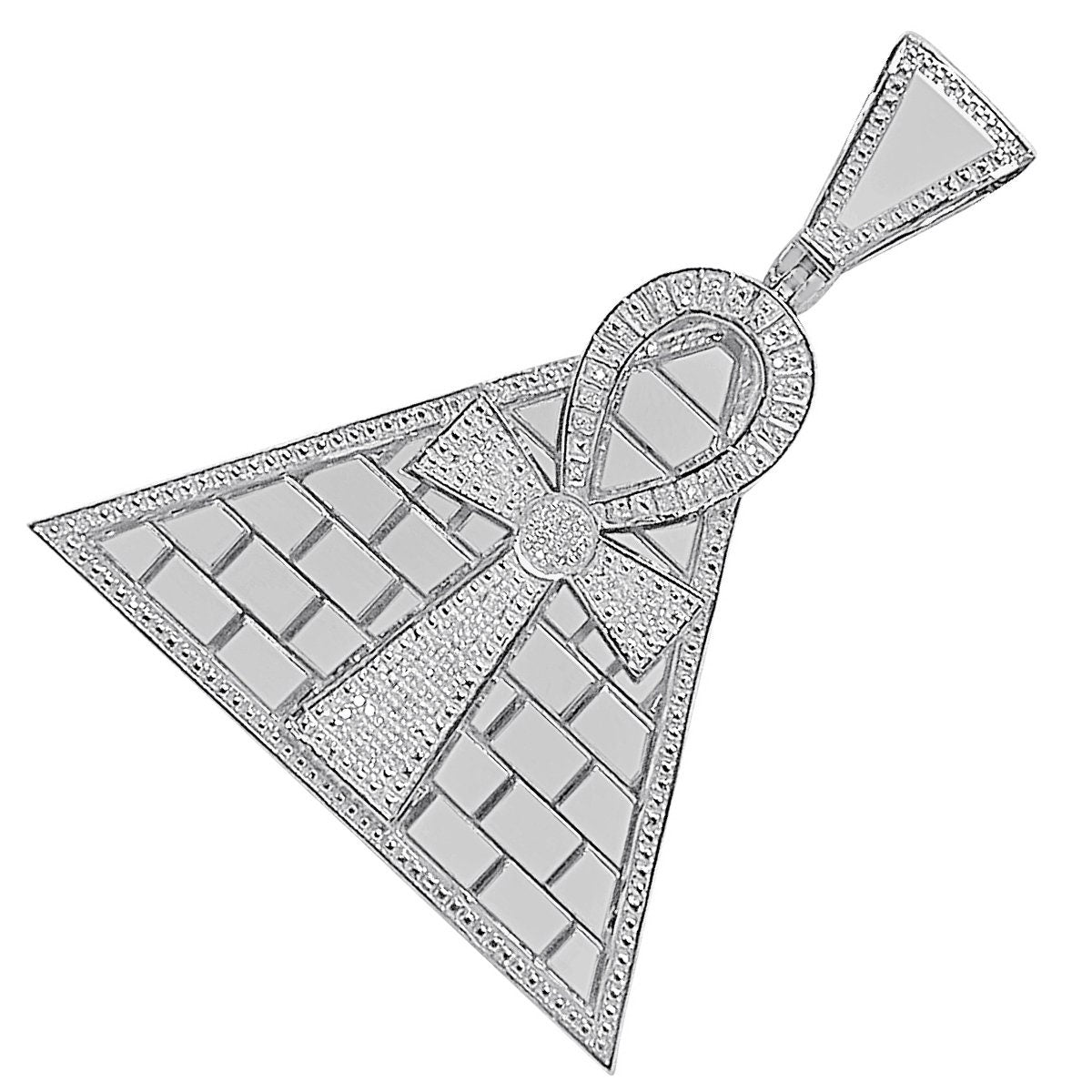 Real Genuine Diamond 0.50 Cwt. 10K White Gold Finish Egyptian Pyramid Ankh Cross Charm Pendant 2.75''