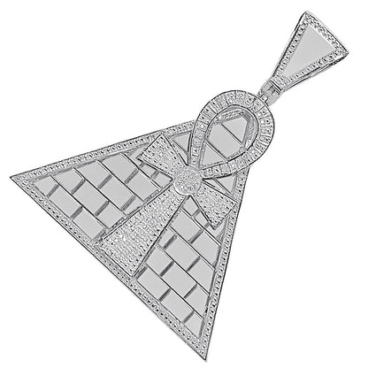 Real Genuine Diamond 0.50 Cwt. 10K White Gold Finish Egyptian Pyramid Ankh Cross Charm Pendant 2.75''