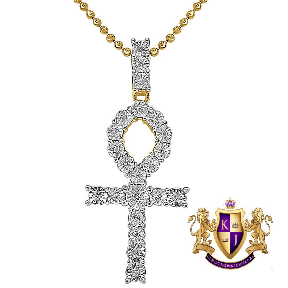 Real Genuine Diamond 0.50 Cwt. Egyptian Ankh Cross Charm Chain Set 10K Gold Over Unisex Pendant 2''