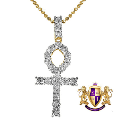 Real Genuine Diamond 0.50 Cwt. Egyptian Ankh Cross Charm Chain Set 10K Gold Over Unisex Pendant 2''