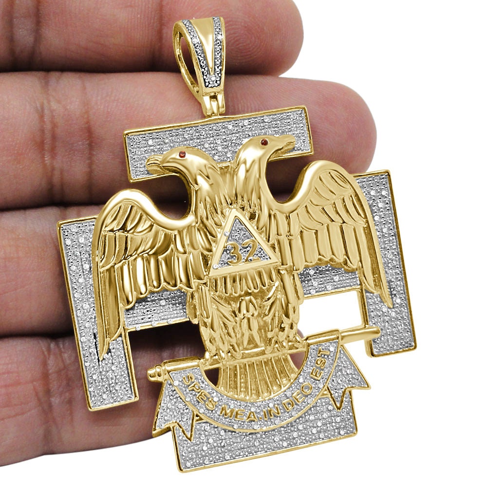 Men's Real Genuine Diamond 0.60 Cwt. 32 Degree Scottish Rite Masonic Freemason Custom Pendent 10K Gold Over Charm Big XL 2.5'' 33 + Grams