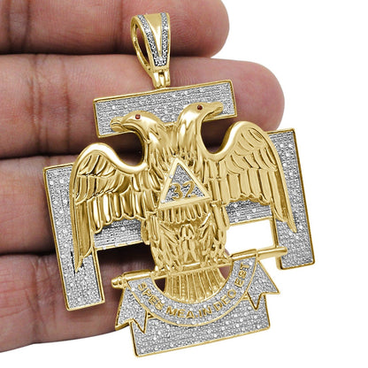 Men's Real Genuine Diamond 0.60 Cwt. 32 Degree Scottish Rite Masonic Freemason Custom Pendent 10K Gold Over Charm Big XL 2.5'' 33 + Grams