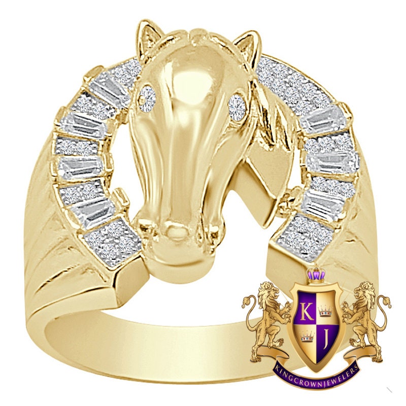 Men's Real Genuine Sterling Silver Simulated Diamond 14K Gold Over Good luck Horseshoe Lucky Ring Band