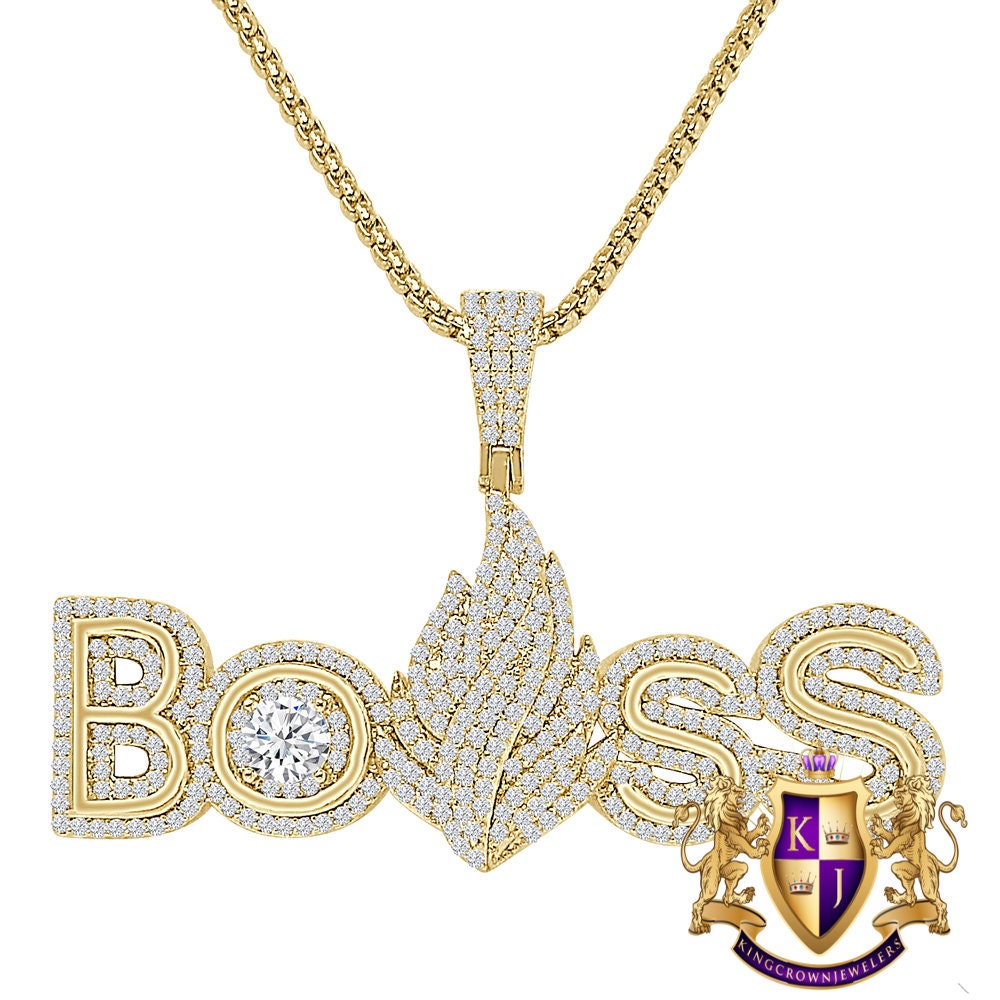 Solitaire 20 + Grams Men's 14k Gold Over 2.00 Cwt. Simulated Diamond BOSS Built on Self Success Custom Charm Pendant Chain Set