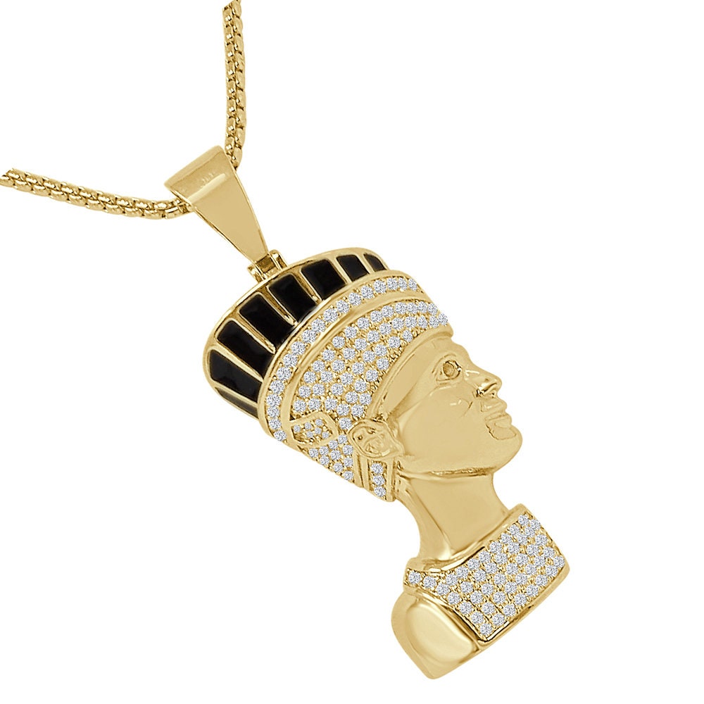 22 + Grams Black Onyx 14K Gold Over Egyptian Queen Nefertiti Simulated Diamond Pharaoh Mummy Charm Pendant Chain Set