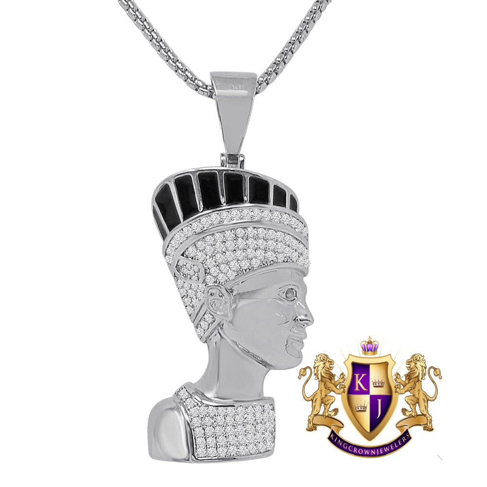 22 + Grams Black Onyx 14K Gold Over Egyptian Queen Nefertiti Simulated Diamond Pharaoh Mummy Charm Pendant Chain Set