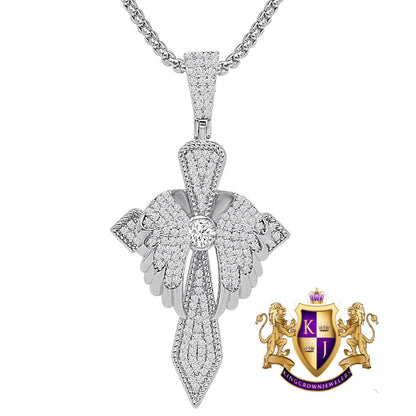 Unisex 14k Gold Over Simulated Diamond Holy Jesus Crist Cross Angel Wings Charm Pendent Chain Set 2.25''