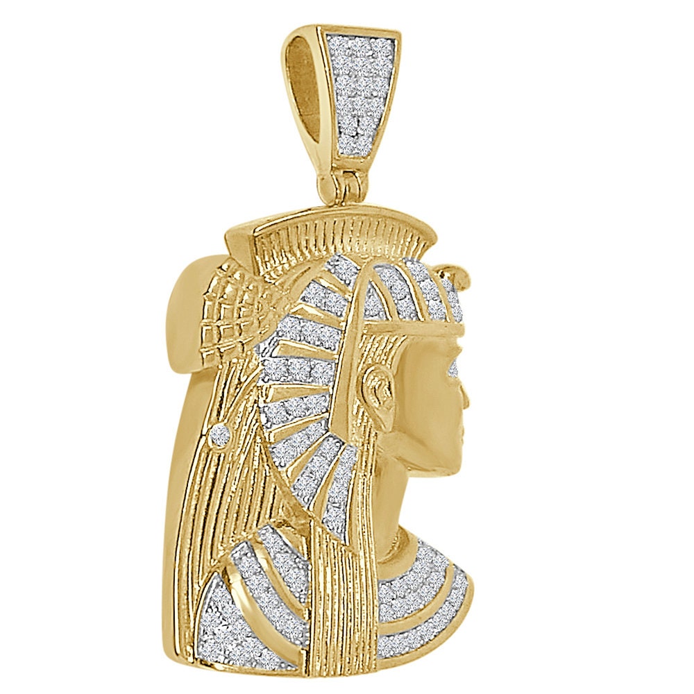 26 + Grams Real Genuine Sterling Silver Simulated Diamond Egyptian Queen Nefertiti Pharaoh Mummy Cleopatra Charm 14K Gold Over Pendant 2''