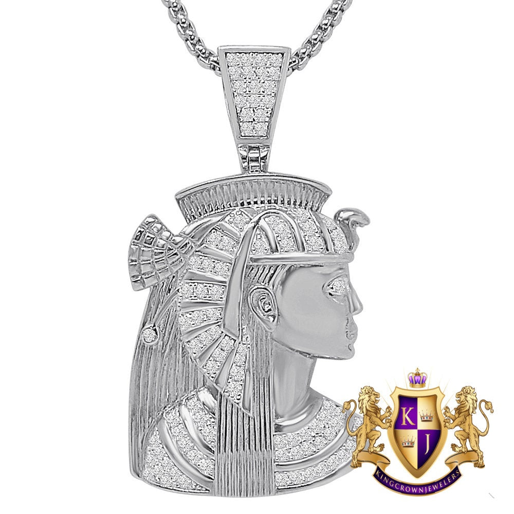 26 + Grams Real Genuine Sterling Silver Simulated Diamond Egyptian Queen Nefertiti Pharaoh Mummy Cleopatra Charm 14K Gold Over Pendant 2''