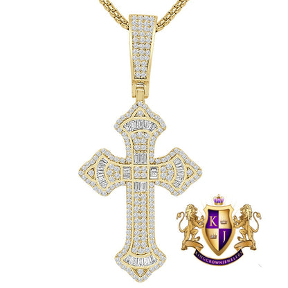 Genuine Sterling Silver Baguette 14k Gold Over Simulated Diamond Holy Jesus Crist Cross Charm Pendent Chain Set 1.90''