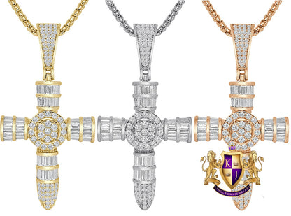 Unisex Baguette 14k Gold Over Simulated Diamond Holy Jesus Crist Cross Charm Religious Pendent Chain Set 2.25'''