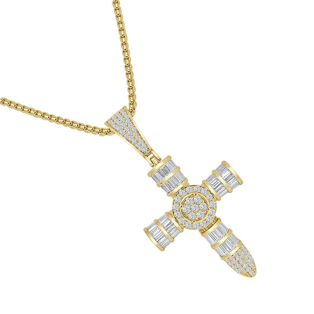 Unisex Baguette 14k Gold Over Simulated Diamond Holy Jesus Crist Cross Charm Religious Pendent Chain Set 2.25'''