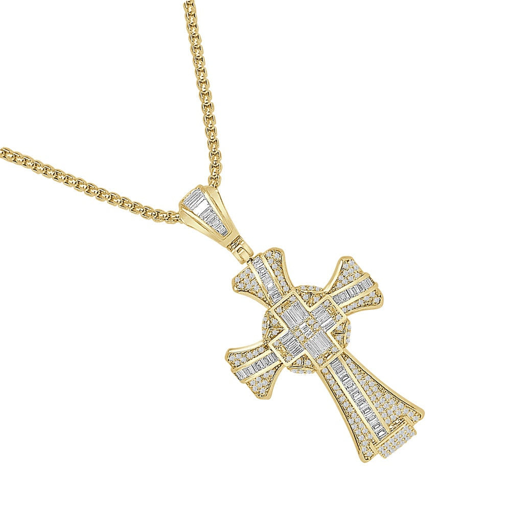 18 + Grams Baguette 14k Gold Over Simulated Diamond Jesus Crist Cross Unisex Charm Religious Pendent Chain Set 2.25''