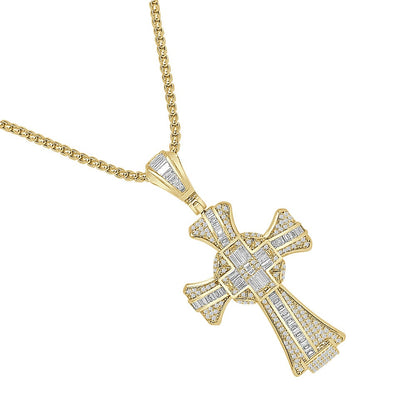 18 + Grams Baguette 14k Gold Over Simulated Diamond Jesus Crist Cross Unisex Charm Religious Pendent Chain Set 2.25''