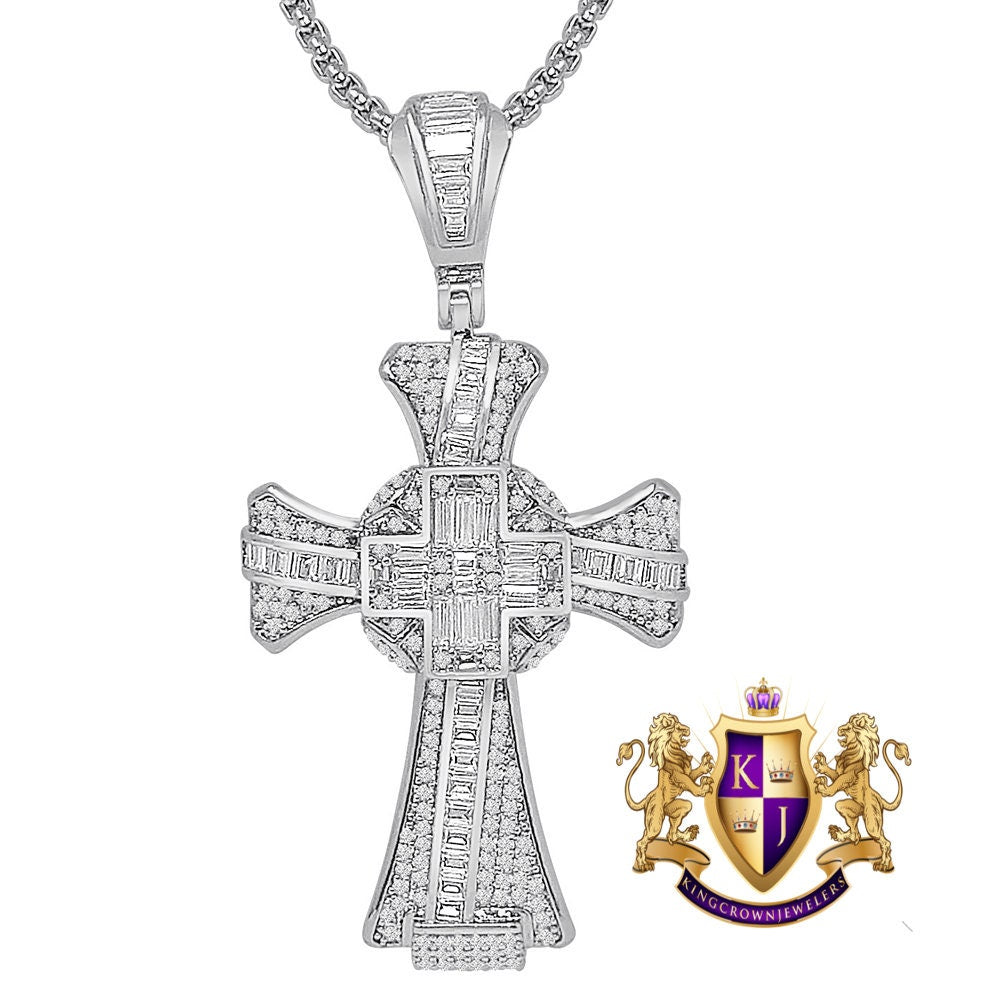 18 + Grams Baguette 14k Gold Over Simulated Diamond Jesus Crist Cross Unisex Charm Religious Pendent Chain Set 2.25''