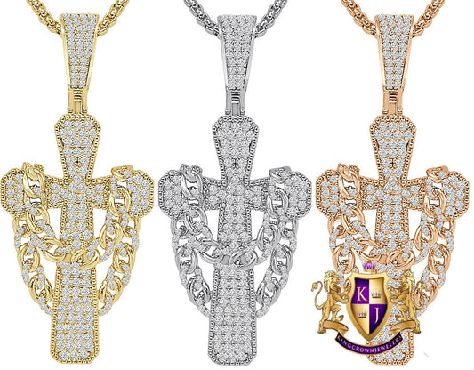 14k Gold Over Simulated Diamond Miami Cuban Chain Jesus Cross Unisex Charm Religious Pendent Chain Set 2.25''