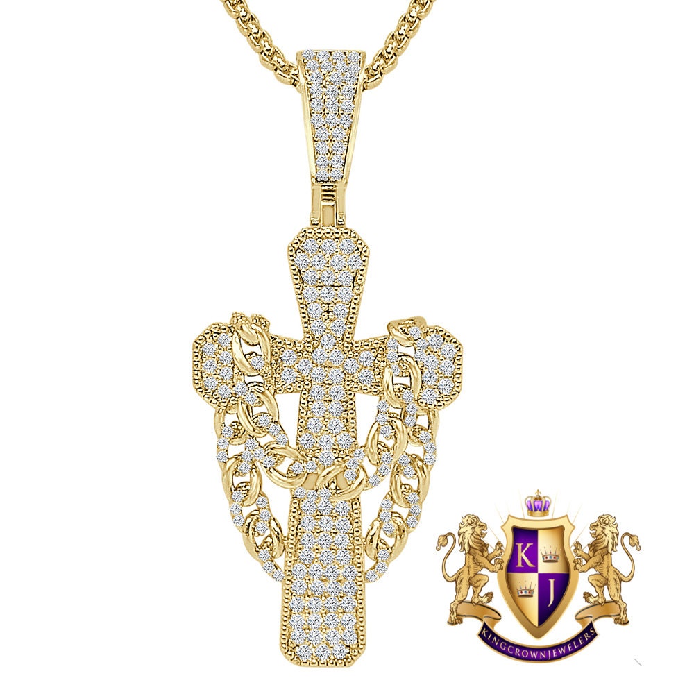 Real Sterling Silver 14k Gold Over Simulated Diamond Miami Cuban Chain Jesus Cross Unisex Charm Religious Pendent Chain Set 2.25''