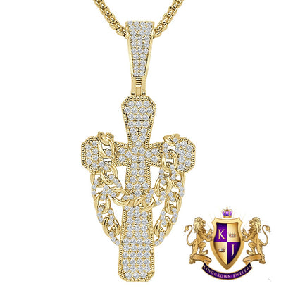 Real Sterling Silver 14k Gold Over Simulated Diamond Miami Cuban Chain Jesus Cross Unisex Charm Religious Pendent Chain Set 2.25''