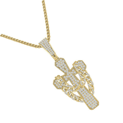 Real Sterling Silver 14k Gold Over Simulated Diamond Miami Cuban Chain Jesus Cross Unisex Charm Religious Pendent Chain Set 2.25''