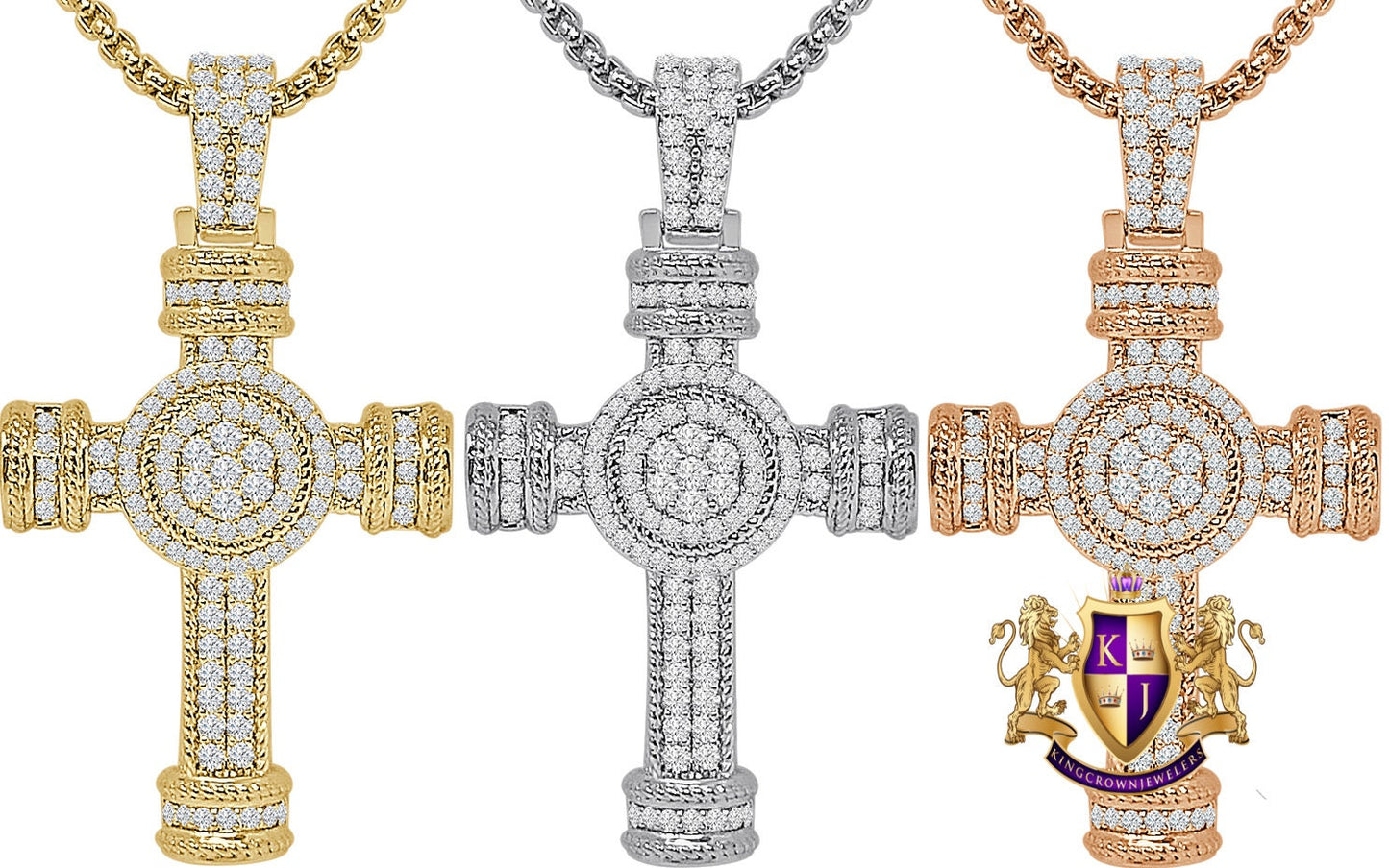 14k Gold Over Simulated Diamond Jesus Crist Cross Unisex Charm Religious Pendent Chain Set 1.75''