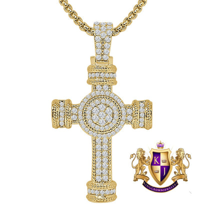 14k Gold Over Simulated Diamond Jesus Crist Cross Unisex Charm Religious Pendent Chain Set 1.75''